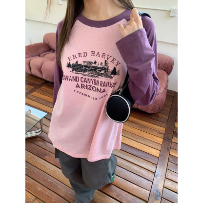 Contrast Color Long Sleeve T-shirt美式印花撞色长袖T恤 *2Colors