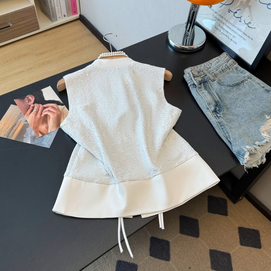 SIGNATURE Sequin Collar Vest 白色立领亮片马甲