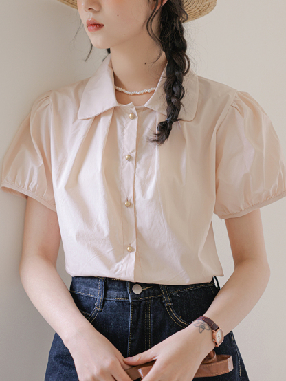 Metal Buttoned Doll Collar Blouse 金属扣娃娃领短袖衬衫*2Colors