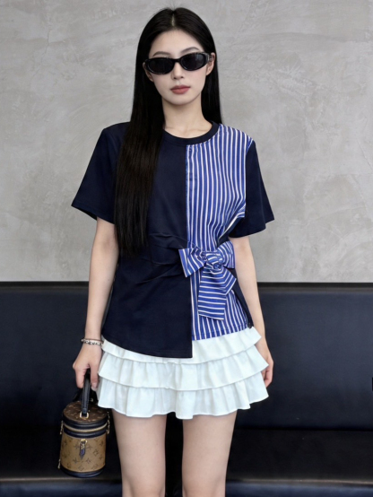 Blue Striped Bow Tie Waist Top蓝白条纹拼接蝴蝶结收腰上衣*5 Colors