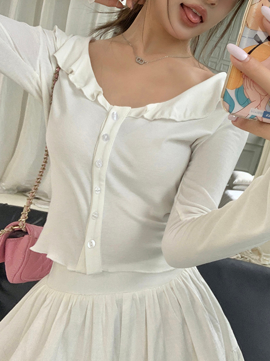 Ruffle Long Sleeve Tee 木耳边开衫长袖t恤*2 Colors