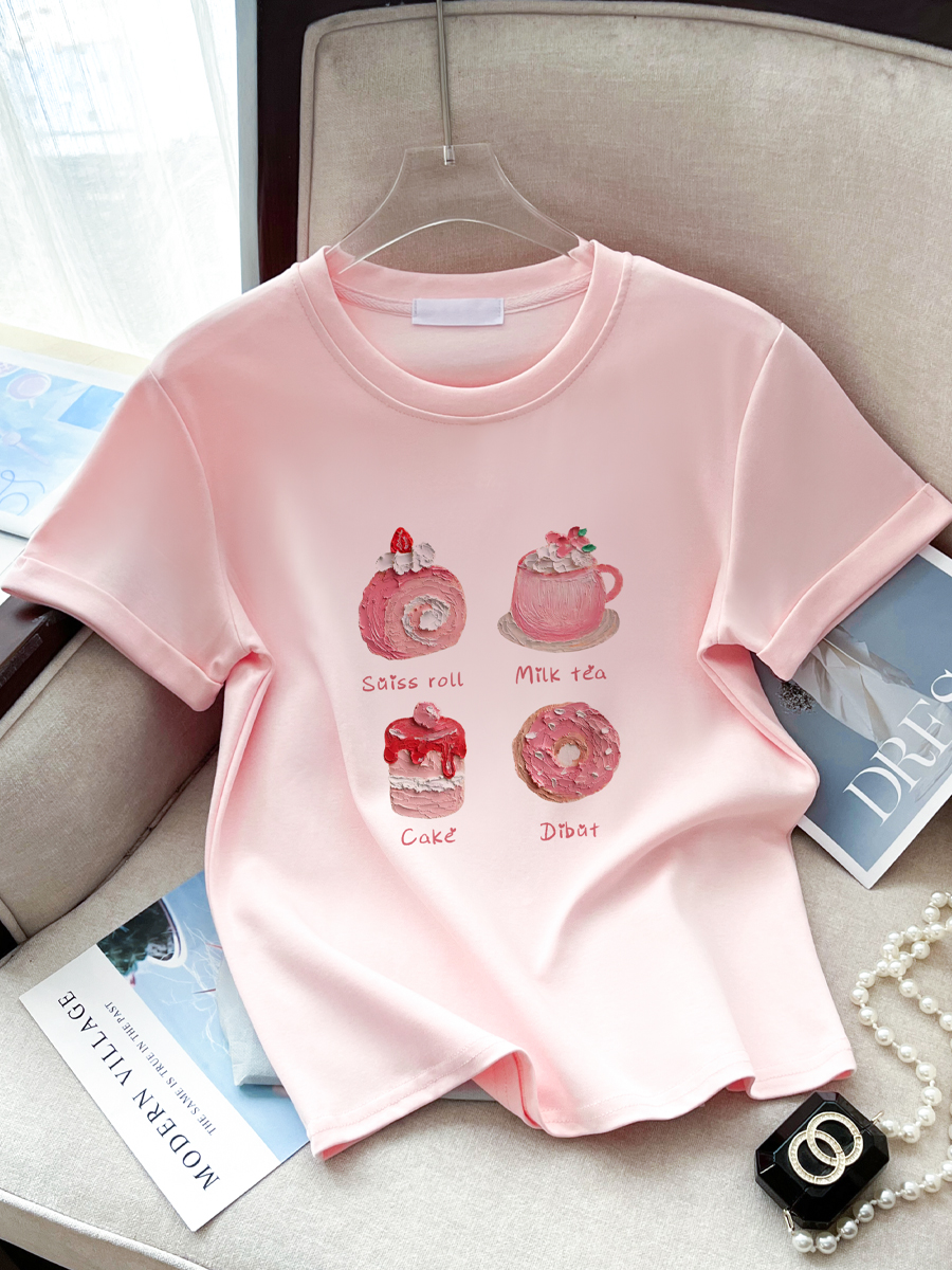 First Real Shot High Quality Combed Cotton ~ Procurement Service of Korean Products Style Younger Oil Painting Letter Short Sleeve T-shirt Women's Cotton Shoulder Top