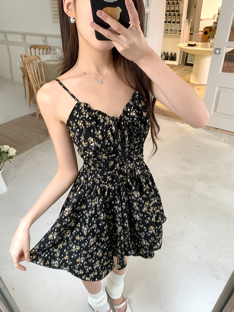 Real Shot 2025 Spring Summer New Design Black Floral Dress Women Tea Break Short Dress Spicy Girl Strap Dress