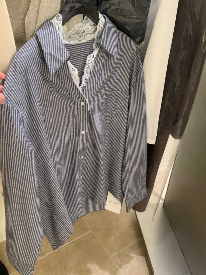 Lace Trim V-Neck Shirt V领蕾丝拼接衬衫*4 Colors