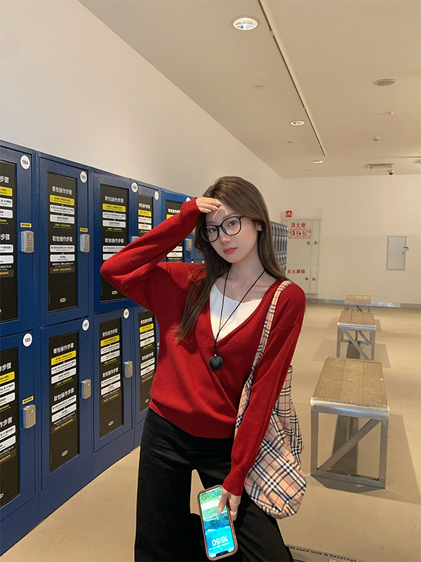 Real Shot Real Price Old Money Style Color-Block Fake Two-Piece Sweater Knitwear Women Autumn Winter Loose High-End Lazy Sweater