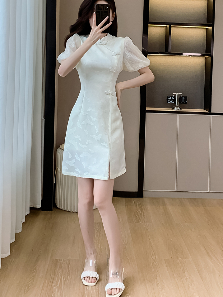 提花泡泡袖旗袍连衣裙*2 Colors