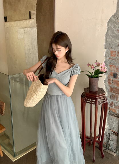 V-Neck Tulle and Mesh Dress法式气质V领拼接纱裙*2Colors