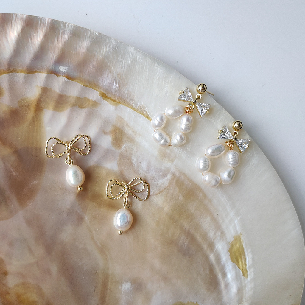 Bright Eyes 925 Silver Needle Plated 14K Real Gold Natural Freshwater Pearl Element Handmade Earrings Female Bow Zircon Earrings