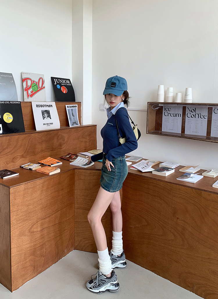 Slim Fit V-Neck Layered Shirt 蓝色假两件V领长袖修身T恤 