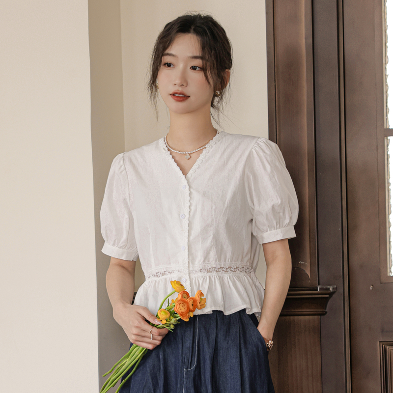 Real Shot French Style Square Neck Elegant Lace Short Sleeve Shirt 2024 Summer Slim Fit Waist Short Blouse Top