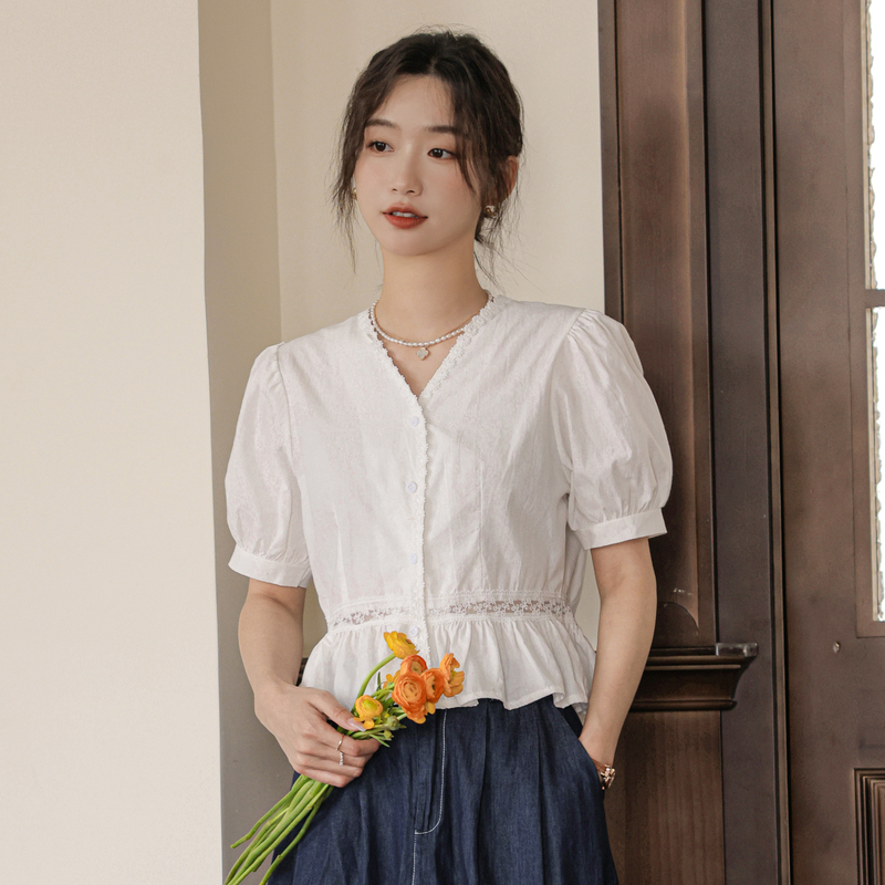 Real Shot French Style Square Neck Elegant Lace Short Sleeve Shirt 2024 Summer Slim Fit Waist Short Blouse Top