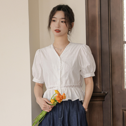 Real Shot French Style Square Neck Elegant Lace Short Sleeve Shirt 2024 Summer Slim Fit Waist Short Blouse Top