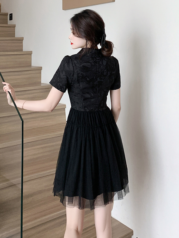 盘扣旗袍连衣裙 Jacquard Patchwork Pearl New Chinese Style Improved Cheongsam Fashion Mesh Puffy Dress