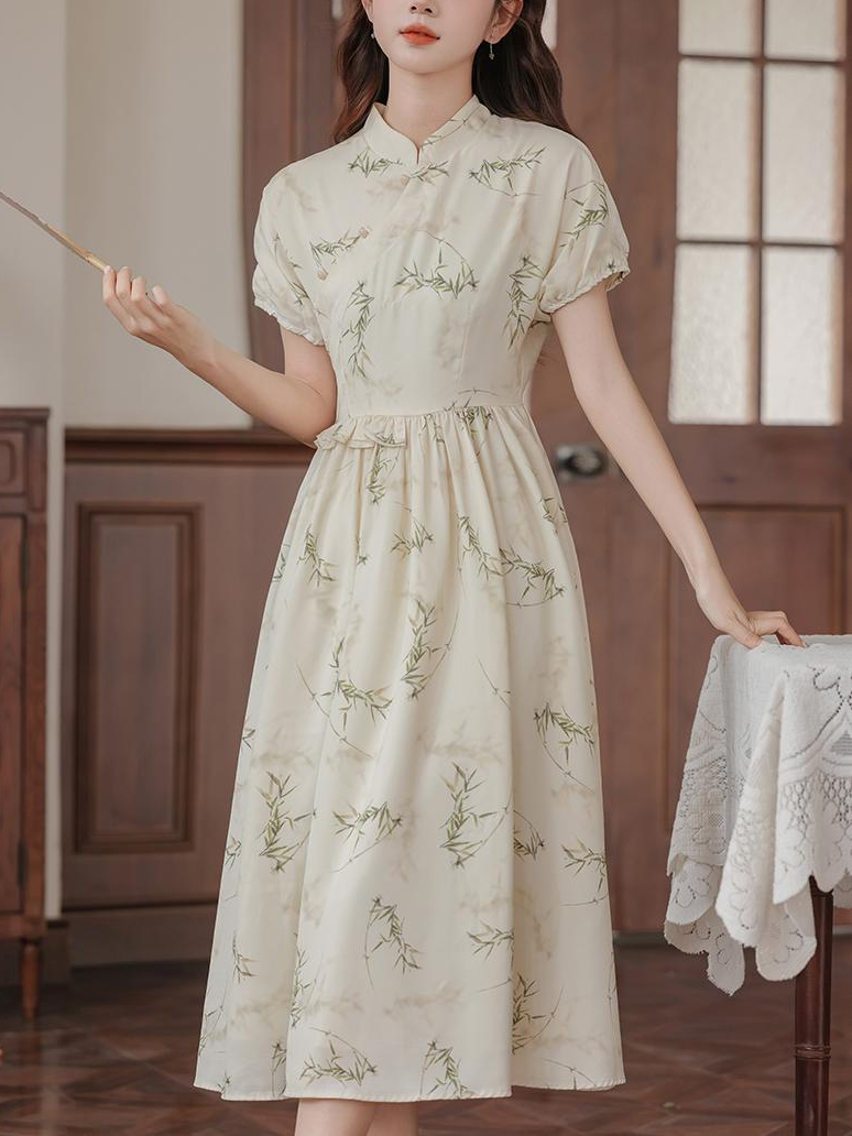 Apricot Tencel Bamboo Leaf Printing New Chinese Style Dress Short Sleeve Waist-Controlled Slimming Dress 40