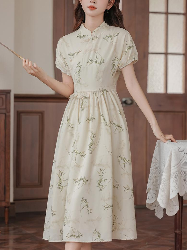 Apricot Tencel Bamboo Leaf Printing New Chinese Style Dress Short Sleeve Waist-Controlled Slimming Dress 40