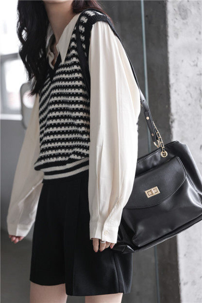 Faux Layered Knit Vest Shirt 知性小姐姐~假两件针织马甲长袖衬衫*2 Colors