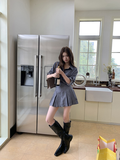 Commuter Faux Denim Shirt Top Women Niche Pleated Short Skirt Two-Piece Set 仿牛仔衬衫+百褶短裙两件套