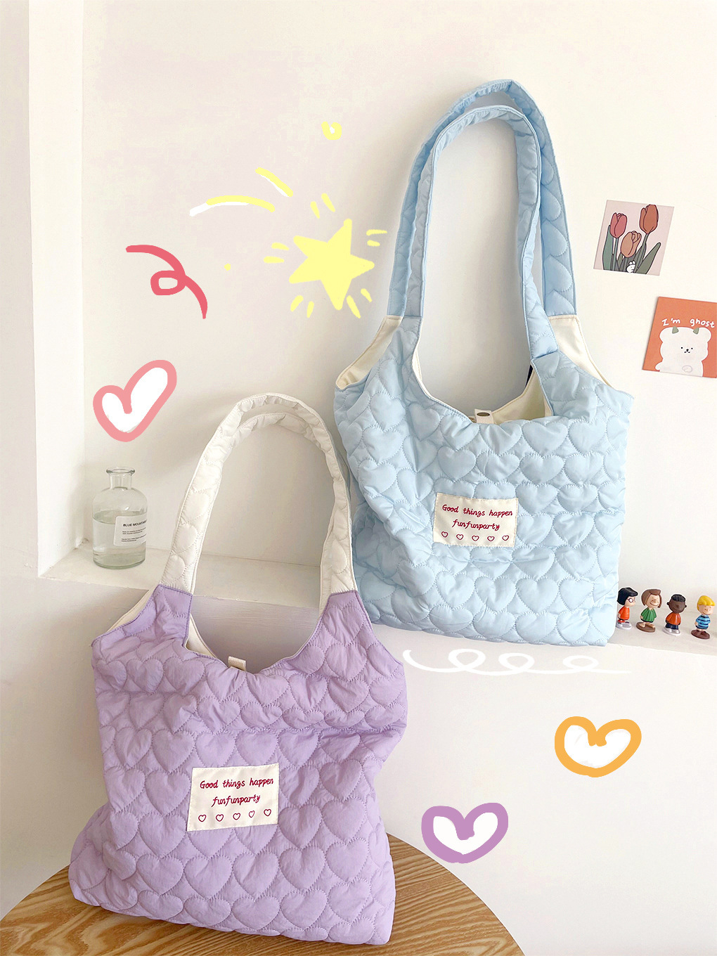 Creamy Quilted Heart Design Canvas Bag 奶油风爱心绗缝大容量学生包*3Colors