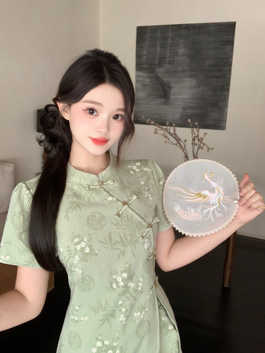 Short Sleeve Cheongsam Short Skirt Two-Piece Set 袖旗袍短裙两件套装