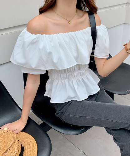 Off-Shoulder Ruffled Top荷叶边一字领收腰上衣*2 Colors