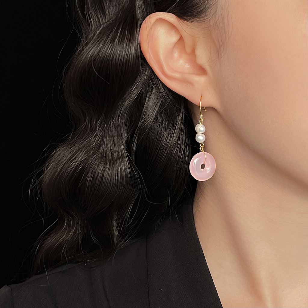 Pink Pearl Jade Hoop Earrings 粉色珍珠玉环耳环