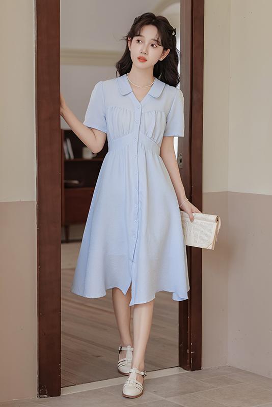 French Retro Blue Short-Sleeved Dress Women's 2024 Summer New V-neck Elegant A- line Midi Dress 40