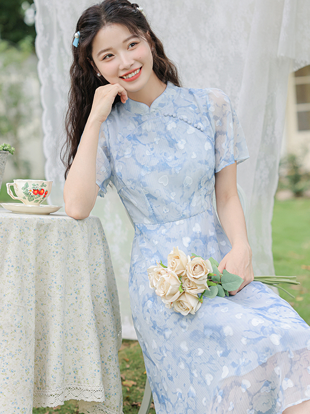 Blue Blossom Chiffon Dress 蓝色雪纺碎花裙