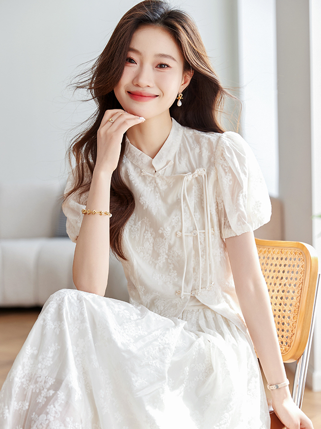 New Chinese Style Set for Women 2025 Summer Stand Collar Jacquard Shirt Top and Skirt Two-Piece Set