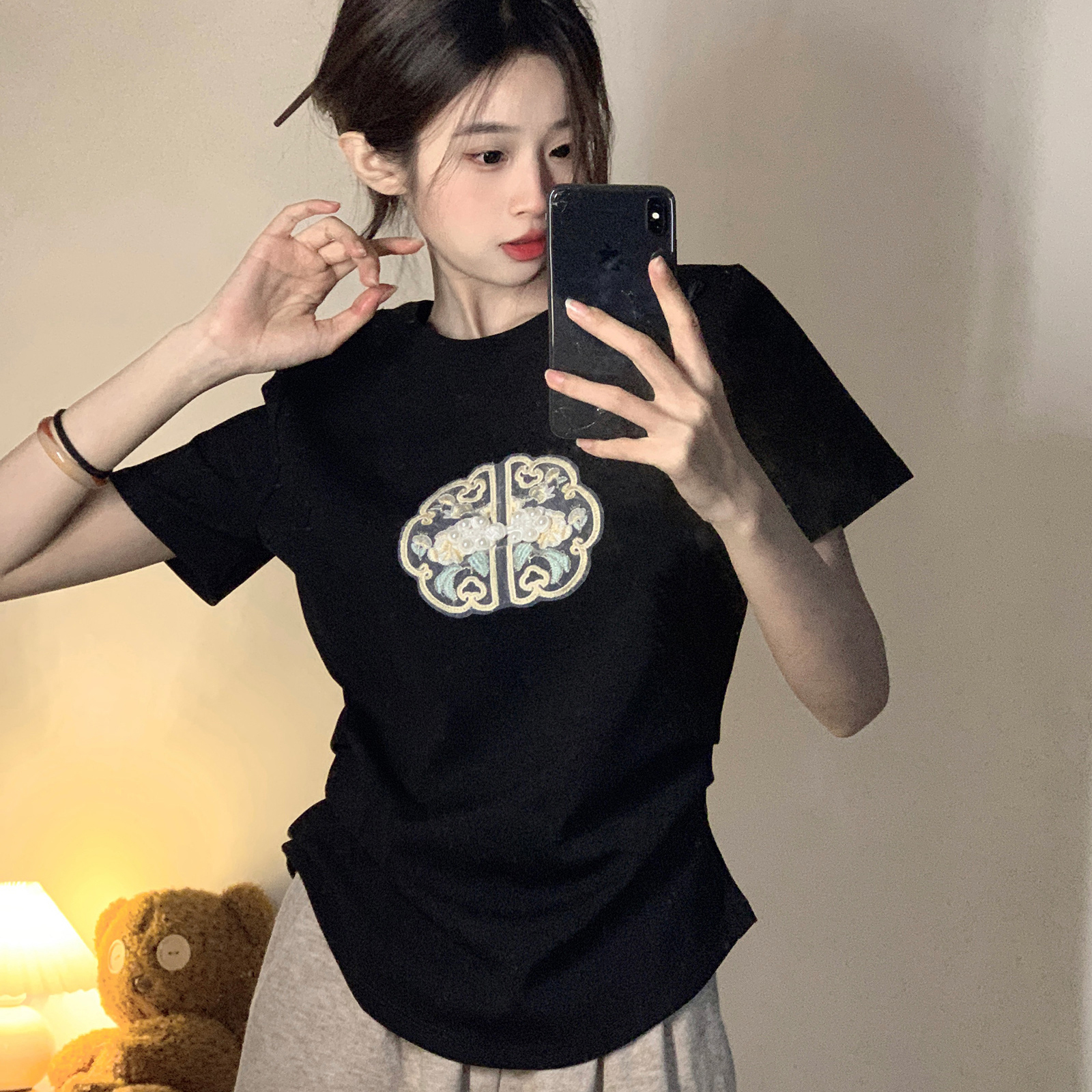 Real Shot New Chinese Style Rayon Air Layer 210g Short Sleeve T-Shirt for Women Summer Embroidery Slim Fit Regular Shoulder Short Round Neck Top