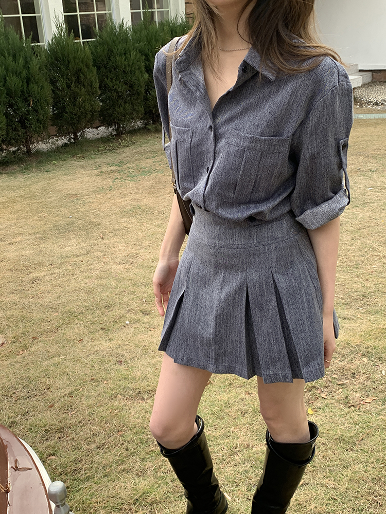Commuter Faux Denim Shirt Top Women Niche Pleated Short Skirt Two-Piece Set 仿牛仔衬衫+百褶短裙两件套
