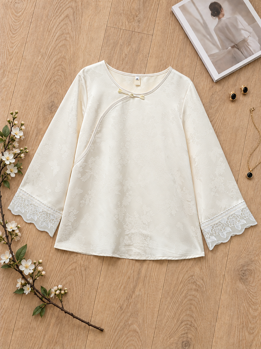 Lace-Trim Half-Sleeve Top 杏色花边中袖上衣#2880