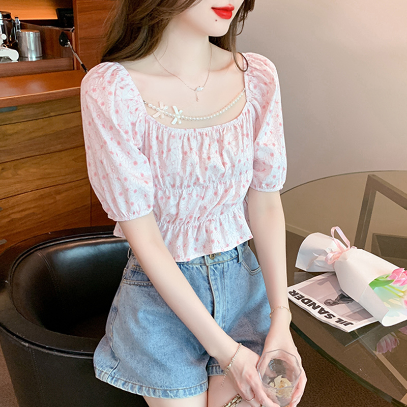 Real Shot ~ in Stock 2023 Summer New Design Sense Waist Trimming Short Floral Top French Square Collar Puff Sleeve Women