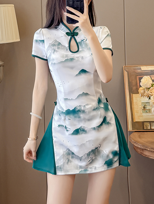 Real Shot New Chinese Style Ink Color Fashion Two-Piece Improved Cheongsam Dress Shorts Set Skirt