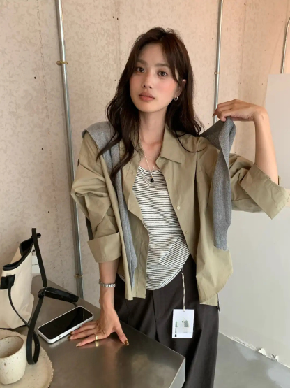  RINA Striped Layered 3-Piece Set 高街韩女！纯色衬衫+条纹背心+披肩三件套*4 Colors