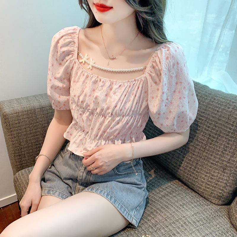 Real Shot ~ in Stock 2023 Summer New Design Sense Waist Trimming Short Floral Top French Square Collar Puff Sleeve Women