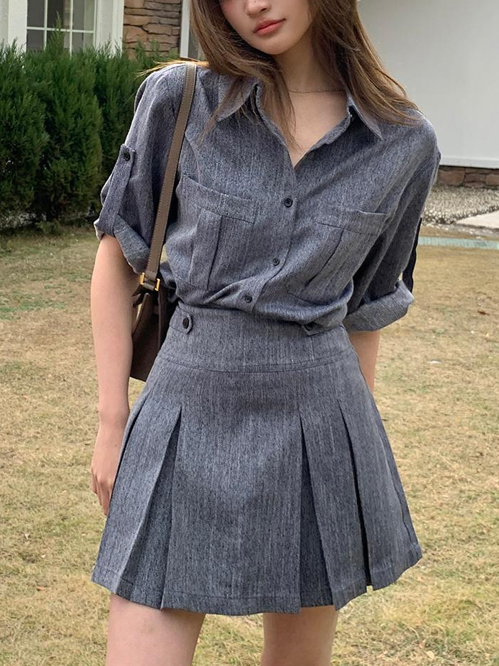 Commuter Faux Denim Shirt Top Women Niche Pleated Short Skirt Two-Piece Set 仿牛仔衬衫+百褶短裙两件套