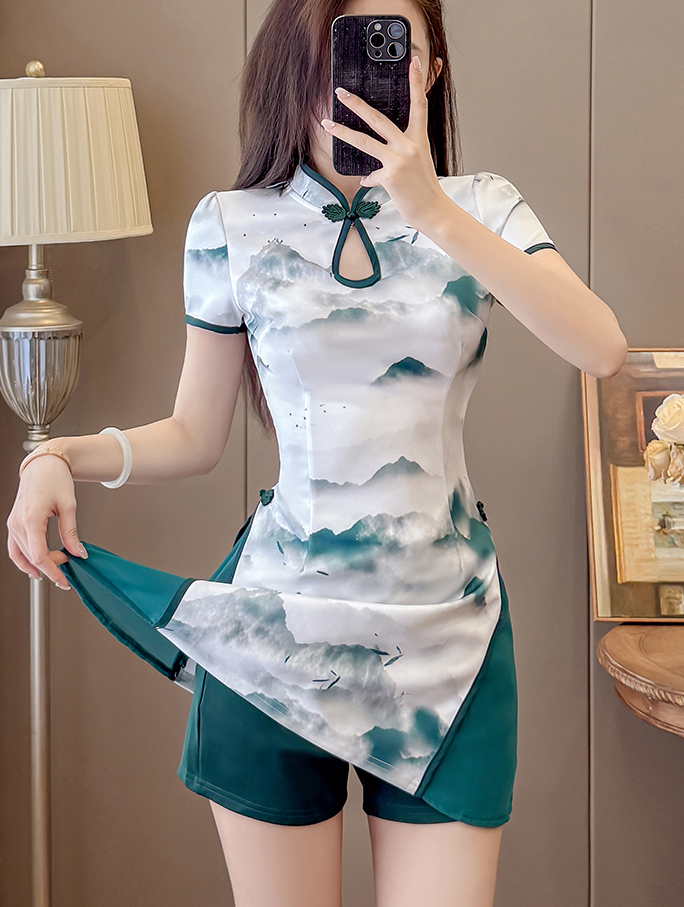 Real Shot New Chinese Style Ink Color Fashion Two-Piece Improved Cheongsam Dress Shorts Set Skirt