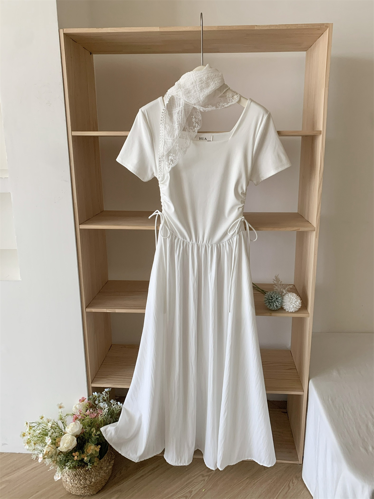 French Style High-end Minimalist High-waisted Slimming Hollow-out Square Neck Patchwork Knitted Long Dress for Women with Waist-cinching and Flared Hem