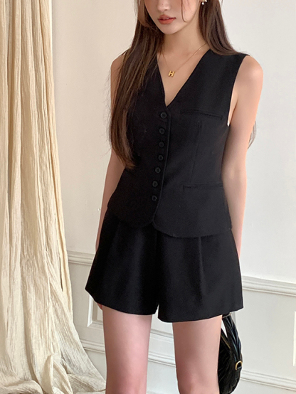 V领西装马甲短裤套装 black V-neck top, women's vest jacket