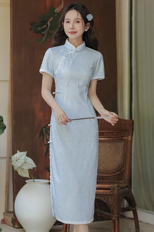 新中式蓝色修身连衣裙 Spring Summer New Chinese Style Blue Slim Dress