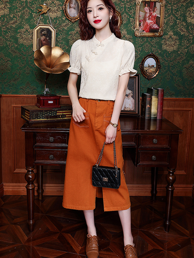 Jacquard Mandarin Collar Blouse 提花盘扣衬衫*2Colors