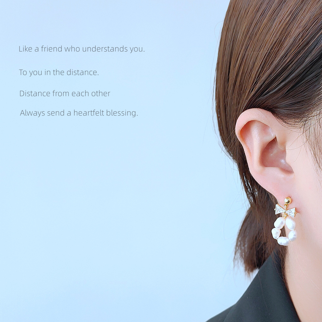 Bright Eyes 925 Silver Needle Plated 14K Real Gold Natural Freshwater Pearl Element Handmade Earrings Female Bow Zircon Earrings