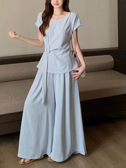 LUMEA Flutter Sleeve Tie Top & Wide Leg Pants Set 飞飞袖绑带上衣+阔腿裤两件套*2 Colors