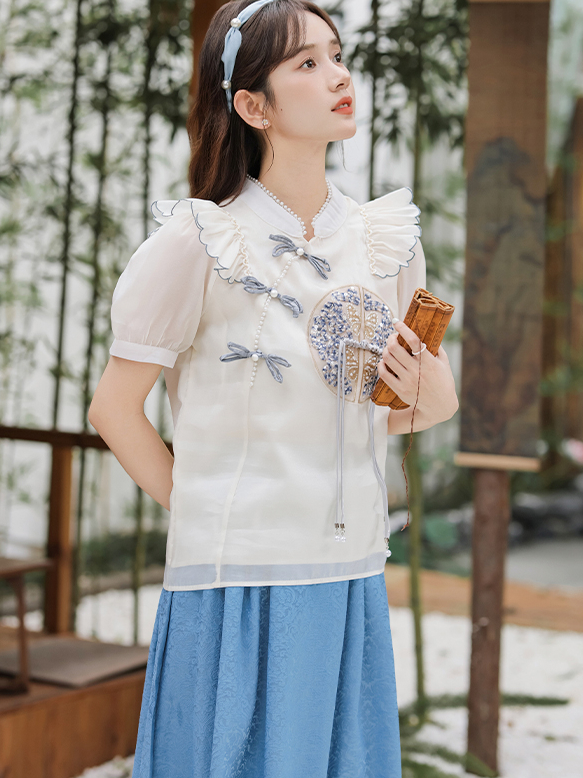 Embroidered Ruffle Hem Top & Skirt Set 刺绣荷叶边上衣+半身裙两件套