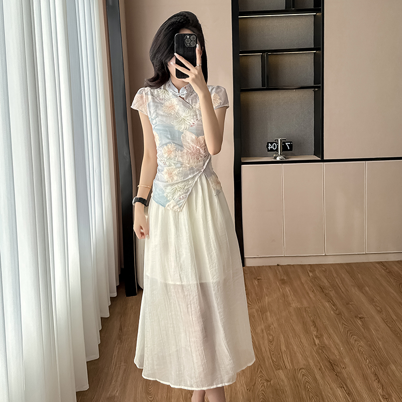 气质假两件印花连衣裙 New Chinese Style Improved Cheongsam Dress for Women Summer 2025 New Slim Fit Elegant Fake Two-Piece Printed Dress