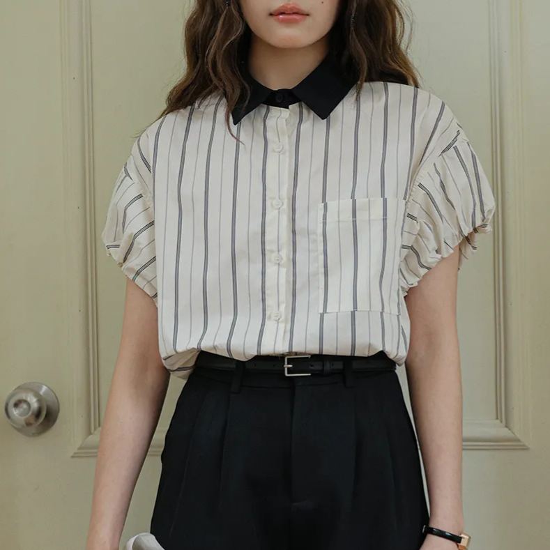 撞色领竖条纹花苞短袖衬衫