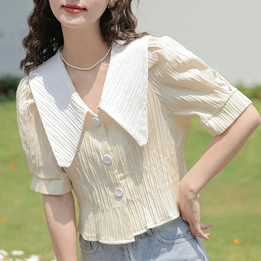 法式复古大翻领短款衬衫* 2 Colors