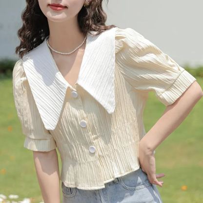 法式复古大翻领短款衬衫* 2 Colors