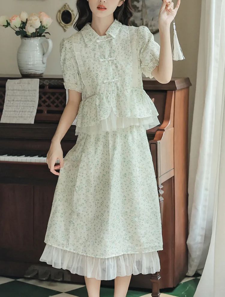 Green Shivering Embroidery Suit New Chinese Style Puff Sleeve Top Women's Fresh Sweet Skirt Price Limit 40