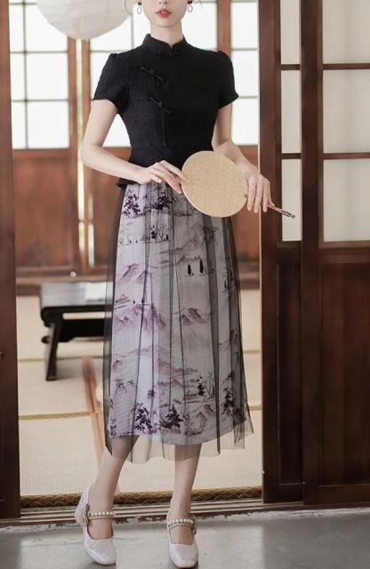  优雅复古印花假两件连身裙*Size L 